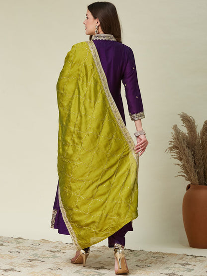 Women's Designer Vichitra Silk Purple Color Embroidery Anarkali Kurta Pant with Dupatta Set