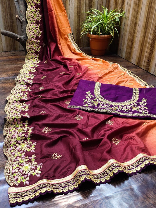 Women's Embroidery Vichitra Silk Multicolor Color Saree With Unstitch Blouse