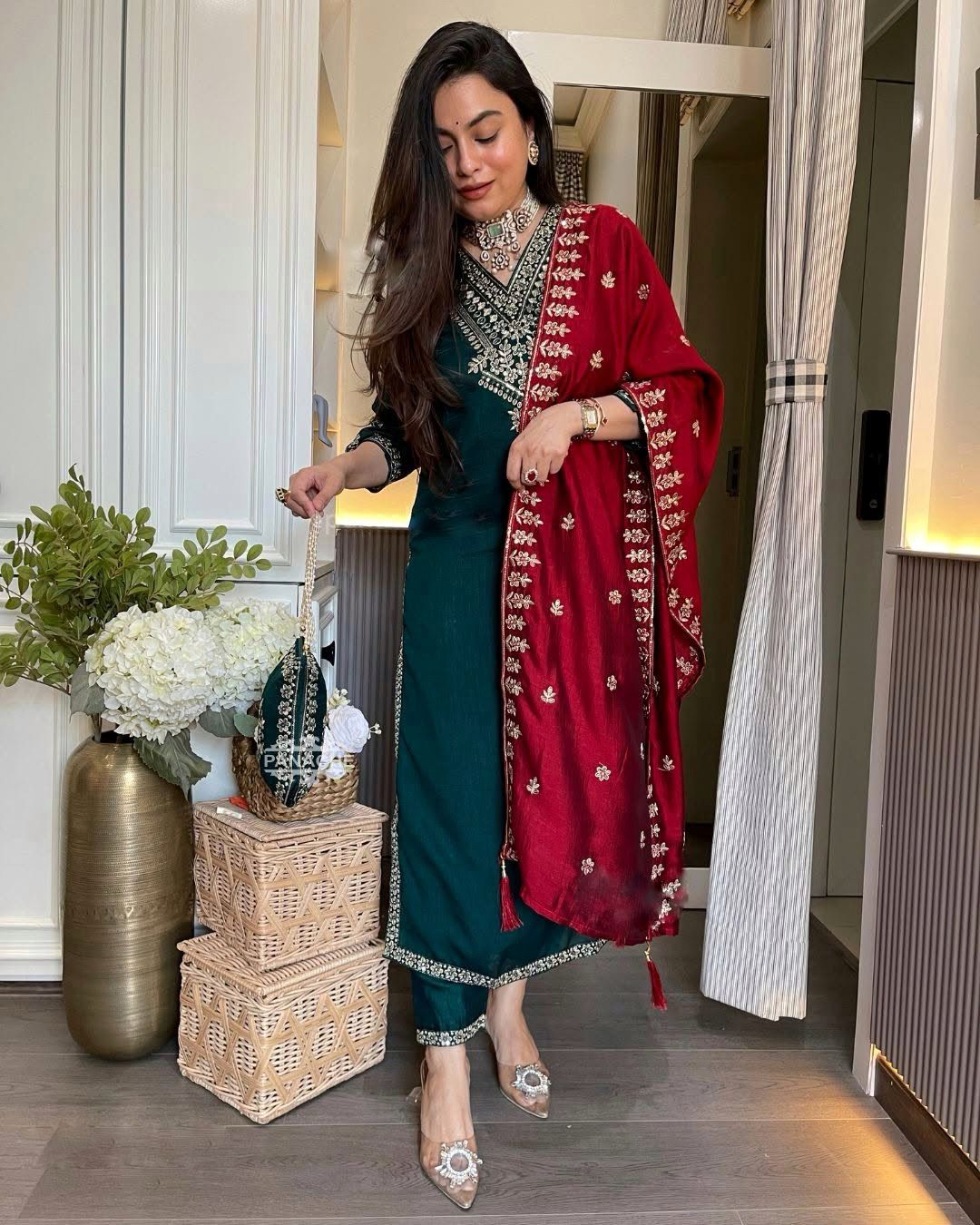 Women's Chinon Silk Embroidery Green Color Kurta Pant With Dupatta