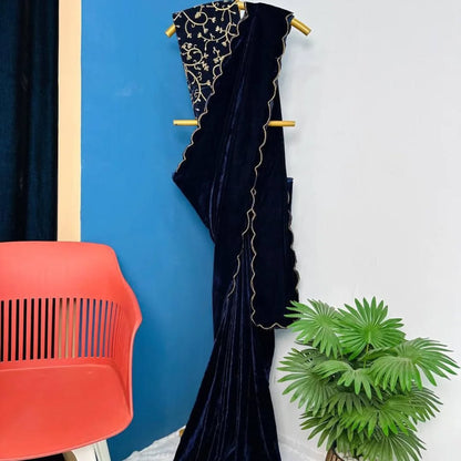 Women's Embroidery Velvet NavyBlue Colour Saree With Velvet Unstitch Blouse