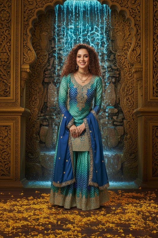 Women's Chinon Silk Embroidery Blue Color Kurta Sharara With Dupatta