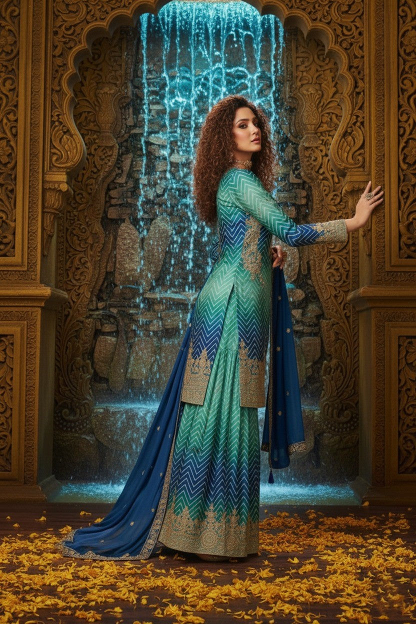 Women's Chinon Silk Embroidery Blue Color Kurta Sharara With Dupatta