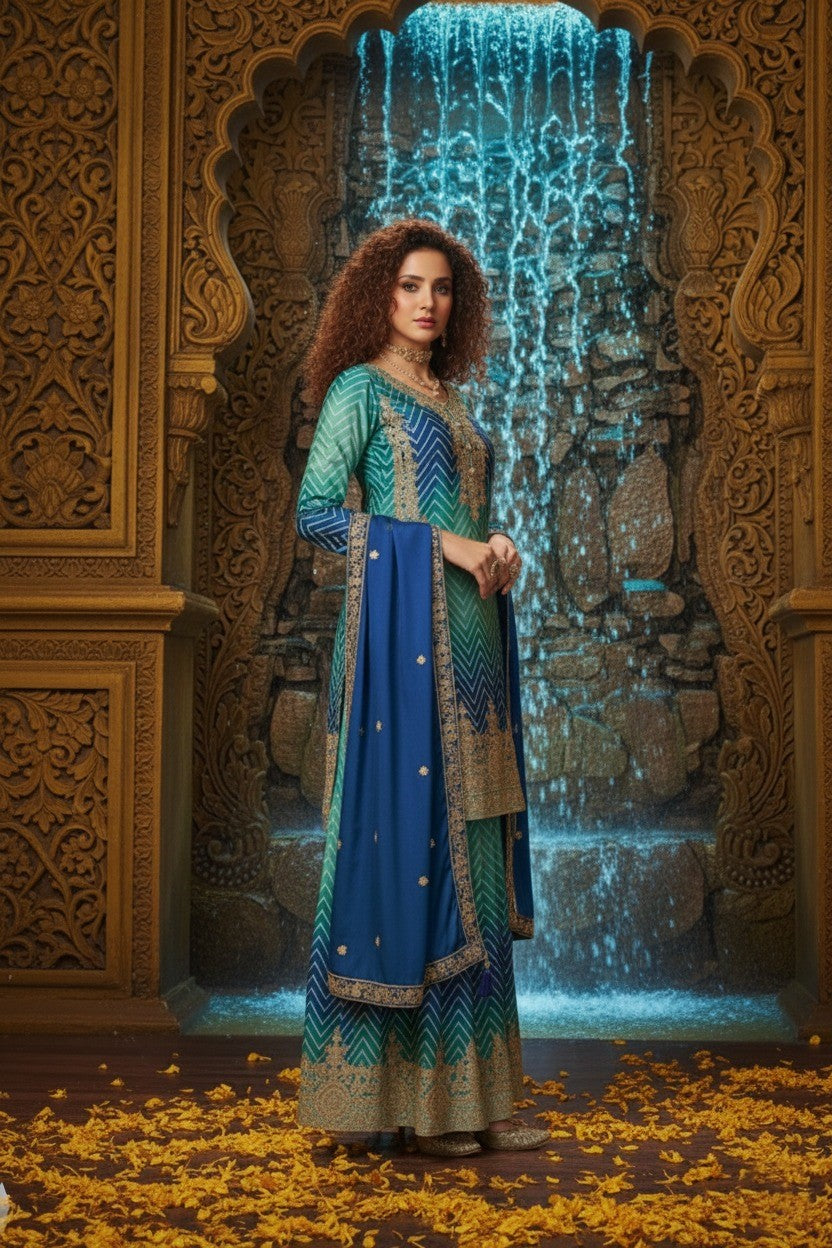 Women's Chinon Silk Embroidery Blue Color Kurta Sharara With Dupatta