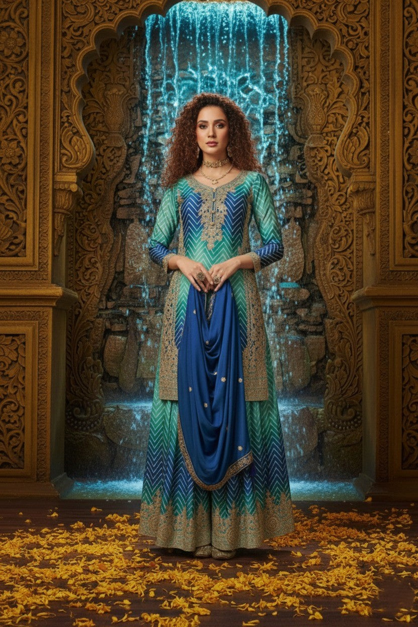 Women's Chinon Silk Embroidery Blue Color Kurta Sharara With Dupatta