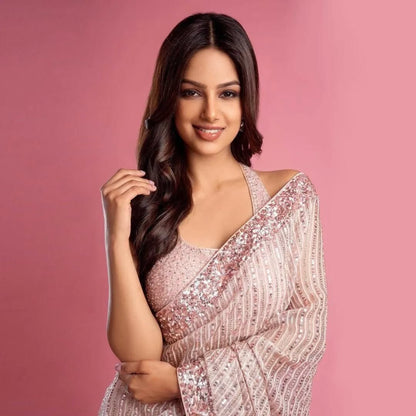 Women's Embroidery Georgette Peach Color Saree With Dupion Silk Unstitch Blouse