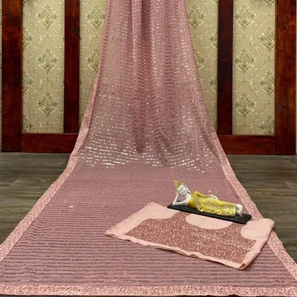 Women's Embroidery Georgette Peach Color Saree With Dupion Silk Unstitch Blouse