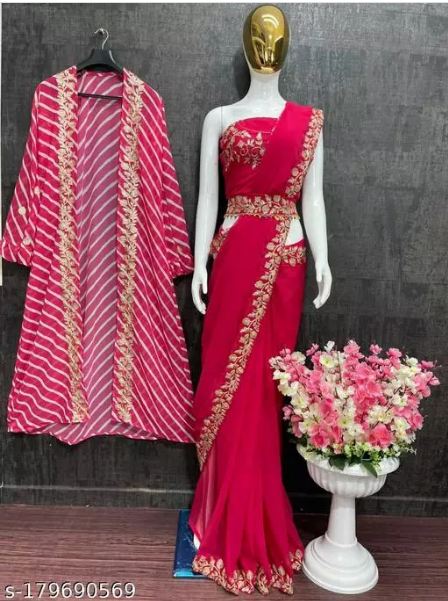 Women's Embroidery Georgette Pink Color Saree With Unstitch Blouse