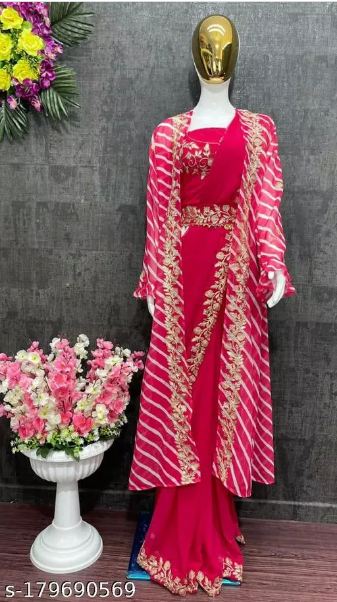 Women's Embroidery Georgette Pink Color Saree With Dupion Silk Unstitch Blouse