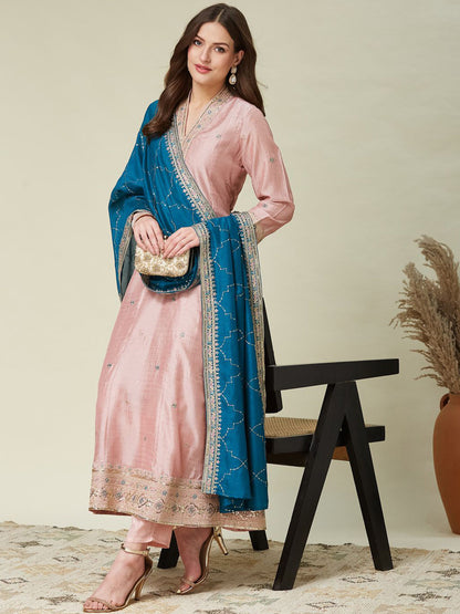 Women's Designer Vichitra Silk Pink Color Embroidery Anarkali Kurta Pant with Dupatta Set