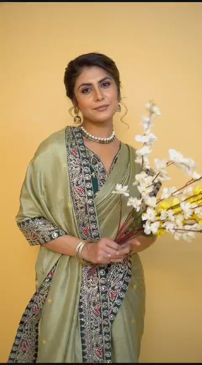 Women's Embroidery Vichitra Silk Green Color Saree With Unstitch Dhupian Silk Blouse