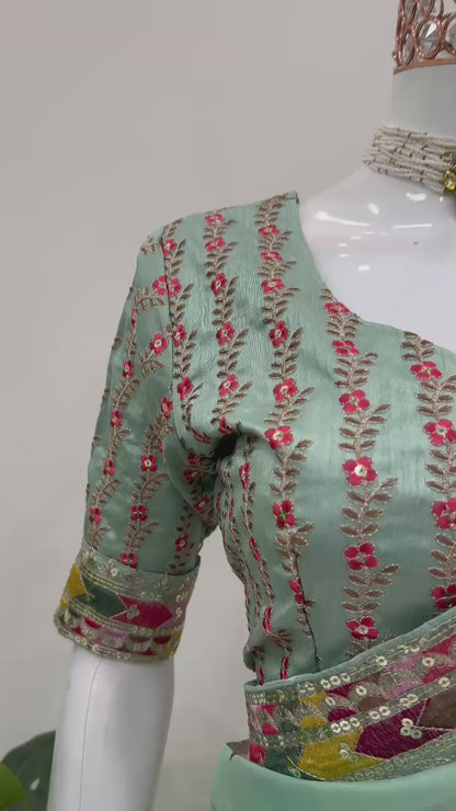 Women's Printed Embroidery Organza Green Colour Saree With Unstitch Dhupian Silk Blouse Pcs