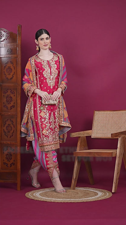 Women's Chinon Silk Embroidery Pink Color Kurta Dhoti Pant With Dupatta