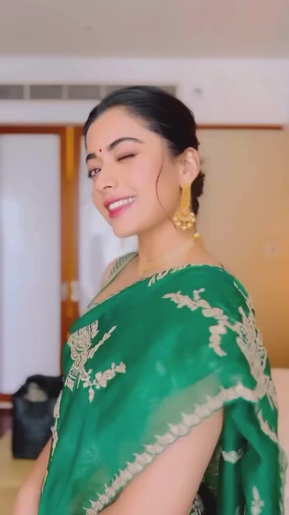 Women's Embroidery Organza Green Color Saree With Unstitch Blouse