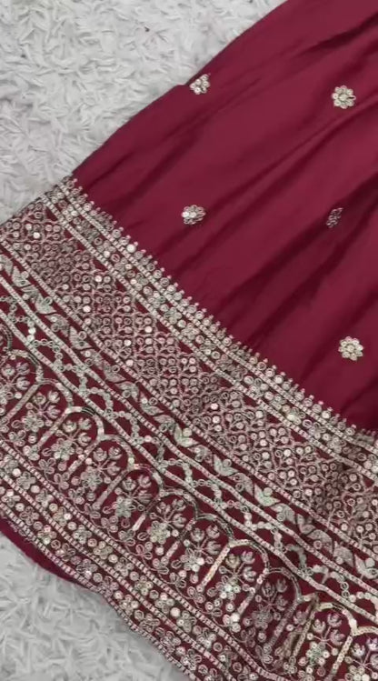 Women's Chinon Silk Embroidery Red Color Kurta Sharara With Dupatta