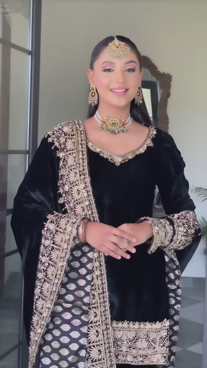 Women's Velvet Embroidery Black Color Kurta Sharara With Dupatta