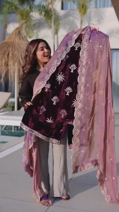 Women's Purple Color Velvet Zari Embroidered Work Kurti Palazzo Set