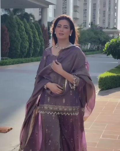 Women's Net Embroidery Lavender Color Kurta Sharara With Dupatta