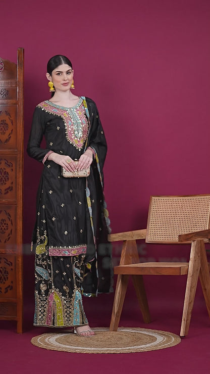 Women's Chinon Silk Embroidery Black Color Kurta Sharara With Dupatta