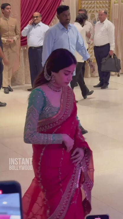 Women's Bollywood Designer Embroidery Organza Red Colour Saree With Unstitch Green Colour Blouse