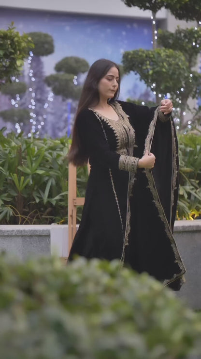 Women's Exclusive Viral Velvet Embroidery Black Color Kurta Pant With Dupatta Set