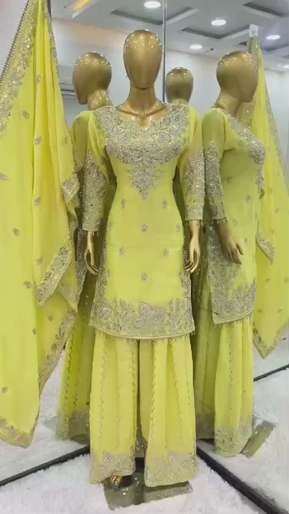 Women's Chinon Silk Embroidery Yellow Color Kurta Sharara With Dupatta