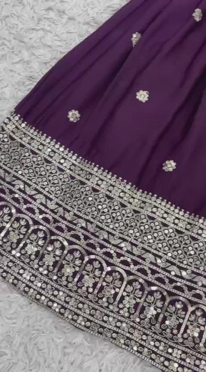 Women's Chinnon Silk Embroidery Purple Color Kurta Sharara With Dupatta