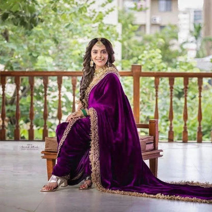 Women's Embroidery Velvet Purple Color Saree With Unstitch Blouse