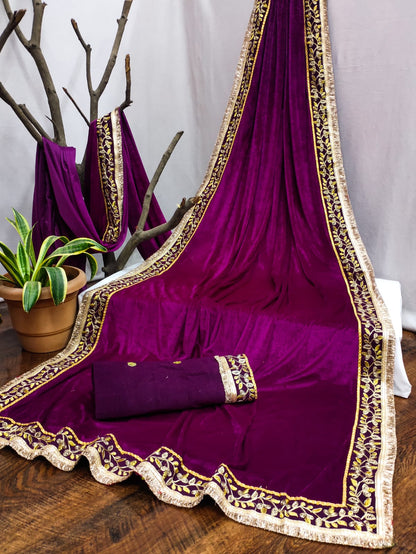 Women's Embroidery Velvet Purple Color Saree With Unstitch Blouse