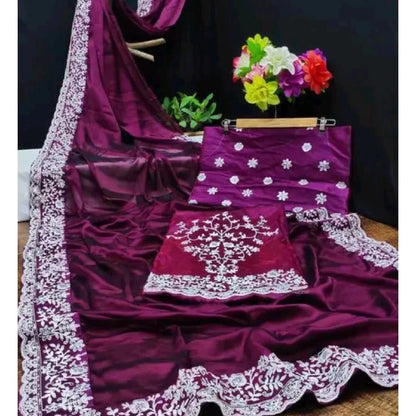 Women's Embroidery Georgette Purple Color Saree With Unstitch Blouse