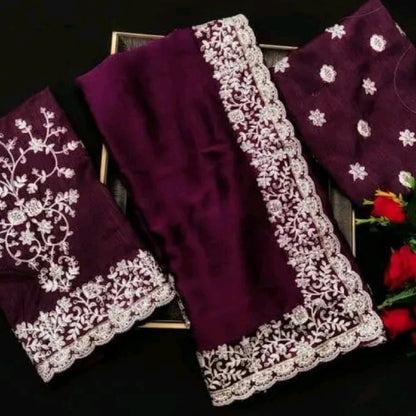 Women's Embroidery Georgette Purple Color Saree With Unstitch Blouse