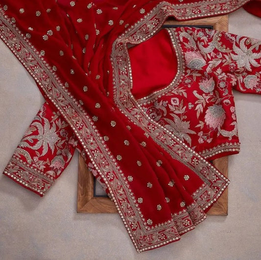 Women's Embroidery Georgette Red Color Saree With Unstitch Blouse