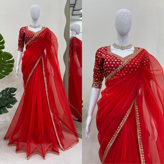 Women's Embroidery Organza Red Color Saree With Unstitch Blouse
