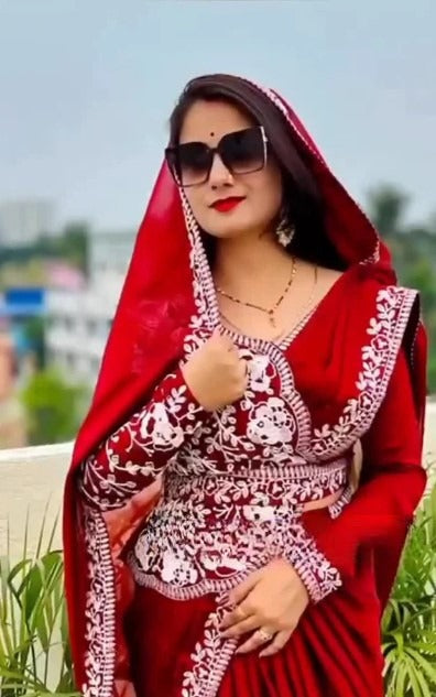 Women's Embroidery Georgette Red Color Saree With Unstitch Blouse