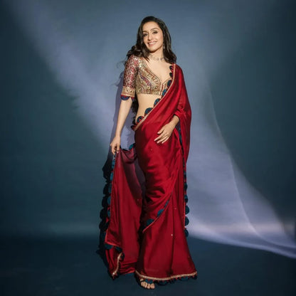 Women's Embroidery Vichitra Silk Red Color Saree With Dupion Silk Unstitch Blouse