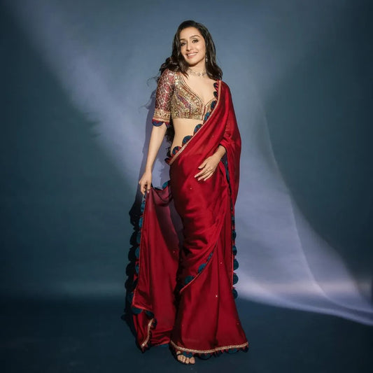 Women's Embroidery Vichitra Silk Red Color Saree With Unstitch Blouse