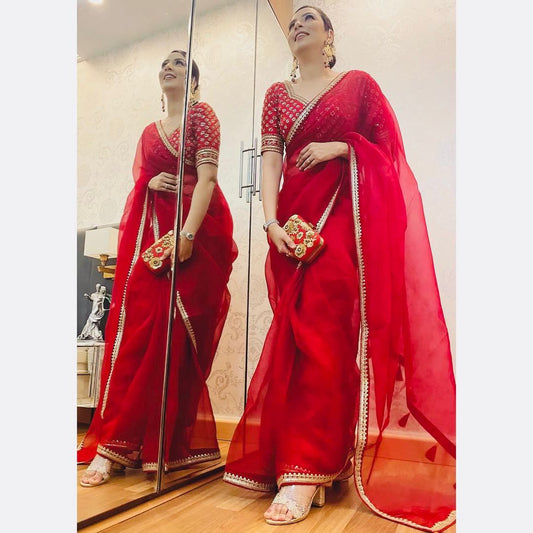 Women's Embroidery Organza Red Color Saree With Unstitch Blouse
