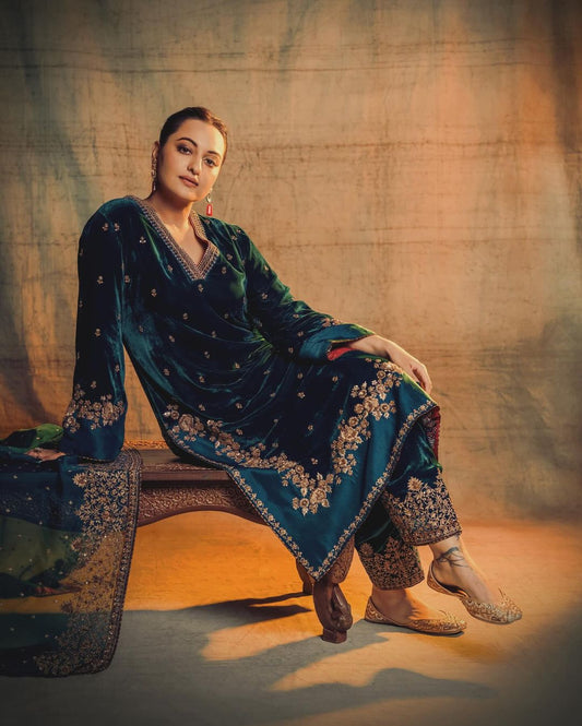 Women's Velvet Embroidery Teal Color Kurta Pant With Dupatta