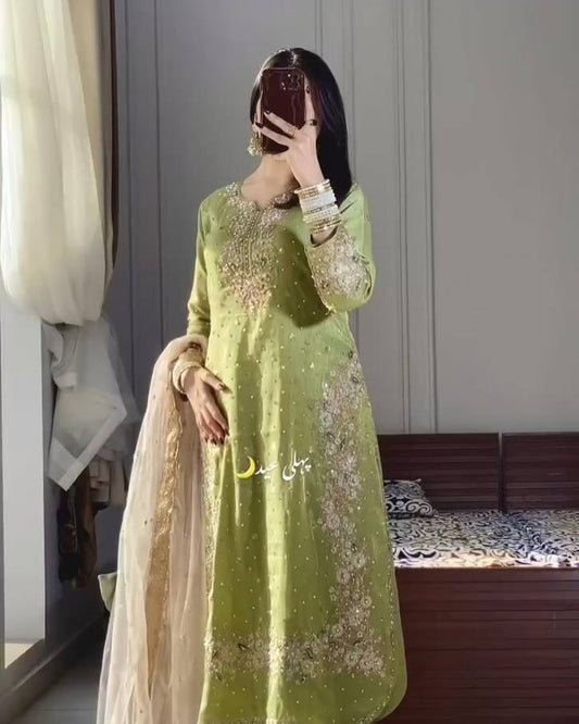 Women's Jimmy Choo Embroidery Pista Color Kurta Pallazo With Dupatta