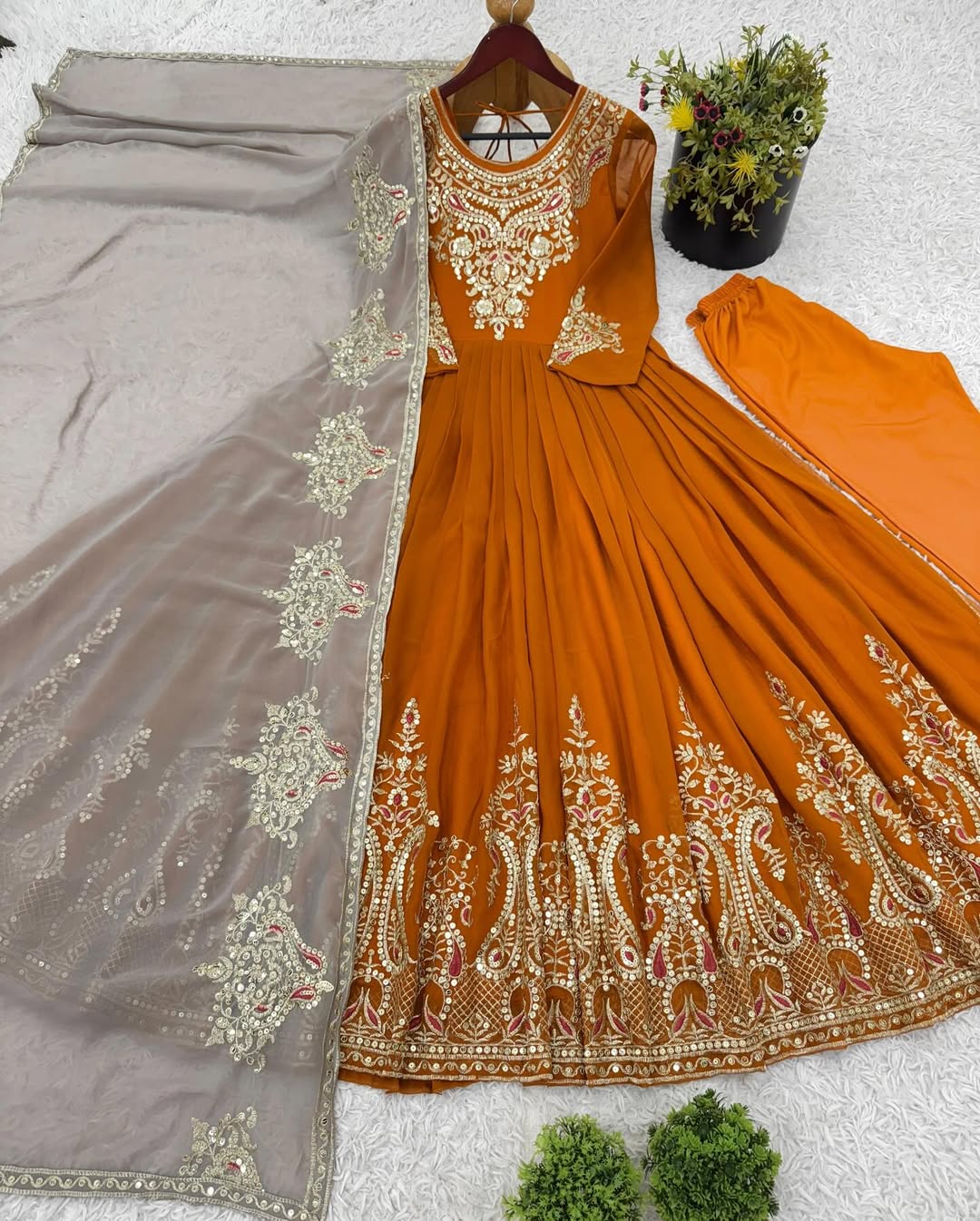 Women's Georgette Embroidery Yellow Color Anarkali Kurta Pant With Dupatta