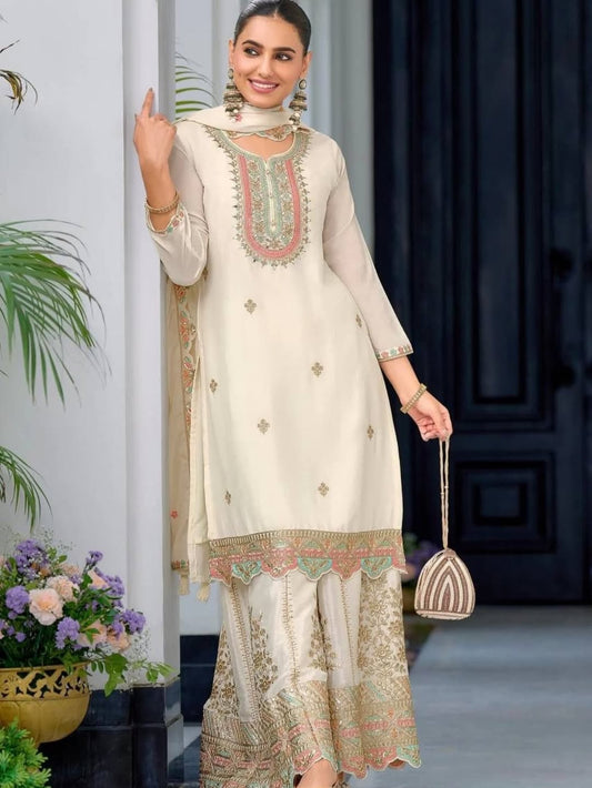 Women's Chinon Silk Embroidery White Color Kurta Sharara With Dupatta