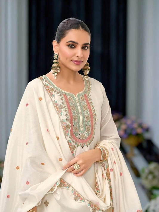 Women's Chinon Silk Embroidery White Color Kurta Sharara With Dupatta