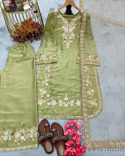 Women's Jimmy Choo Embroidery Pista Color Kurta Pallazo With Dupatta