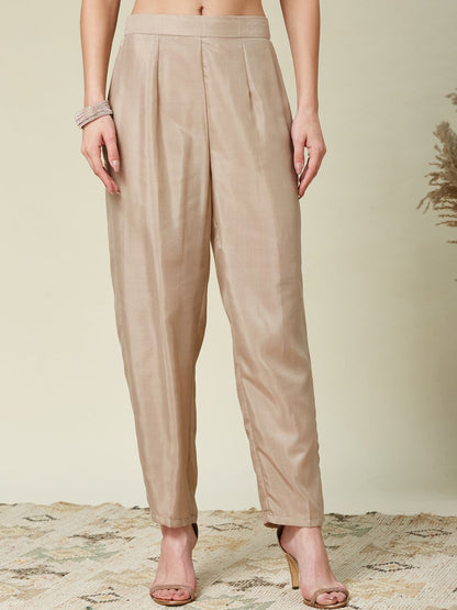 Women's Designer Vichitra Silk Cream Color Embroidery Anarkali Kurta Pant with Dupatta Set