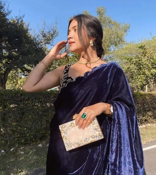 Women's Embroidery Velvet NavyBlue Co lor Saree With Unstitch Blouse