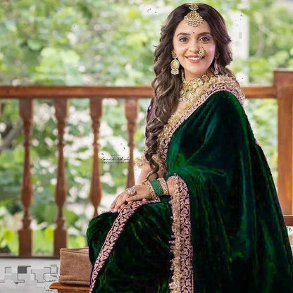 Women's Embroidery Velvet Green Color Saree With Unstitch Blouse