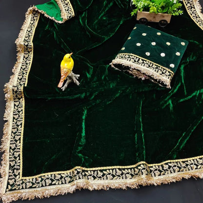 Women's Embroidery Velvet Green Color Saree With Unstitch Blouse