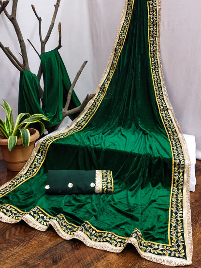 Women's Embroidery Velvet Green Color Saree With Unstitch Blouse