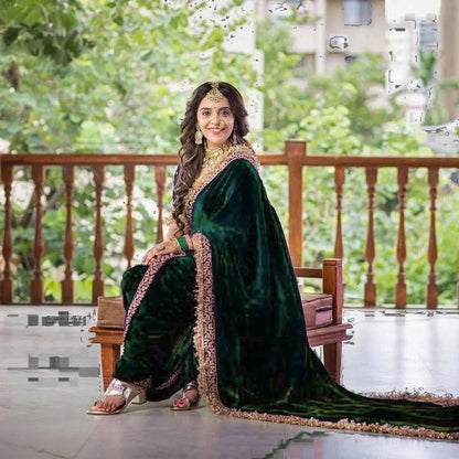 Women's Embroidery Velvet Green Color Saree With Unstitch Blouse