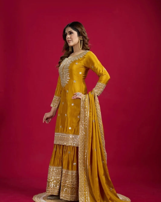 Women's Chinon Silk Embroidery Yellow Color Kurta Sharara With Dupatta