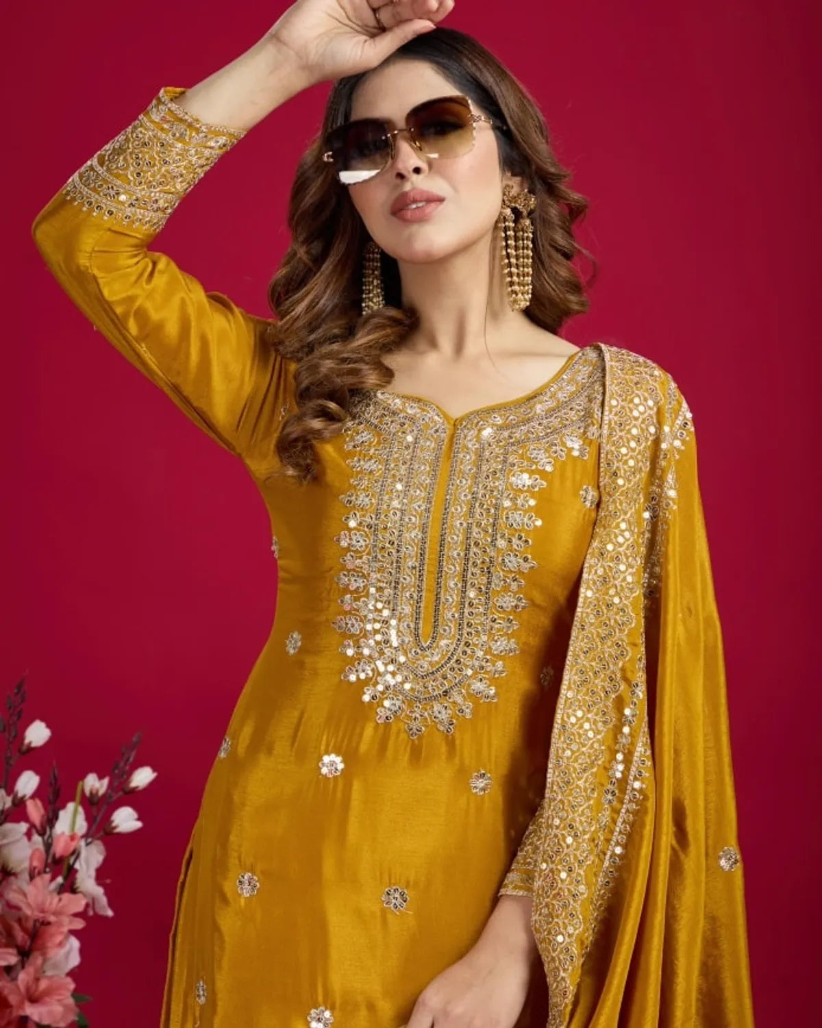 Women's Chinon Silk Embroidery Yellow Color Kurta Sharara With Dupatta